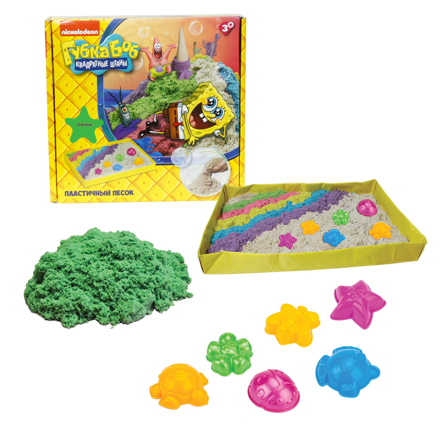 Набор 1 Toy "Губка Боб" зеленый, песочница и формочки, 1 кг