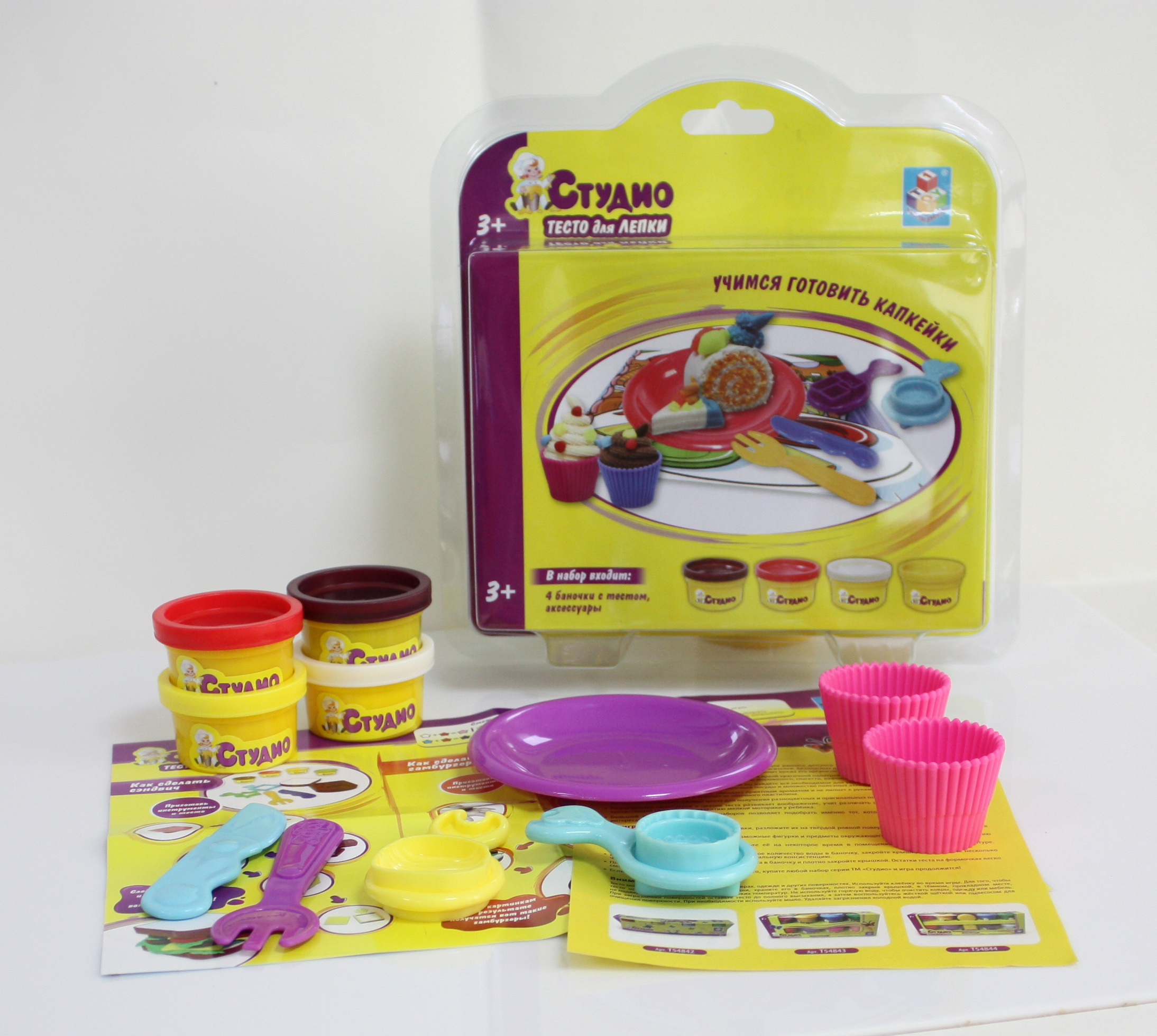 Набор теста для лепки 1 Toy Студио "Кексы", с аксессуарами, 4 цвета